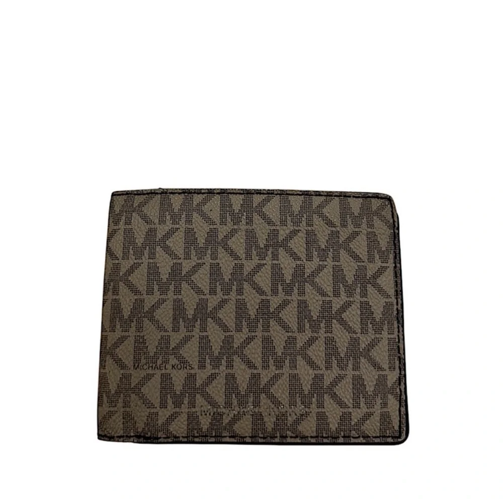 MICHAEL KORS - BLACK GREY TAN MONOGRAM SAFFIANO LEATHER BIFOLD WALLET